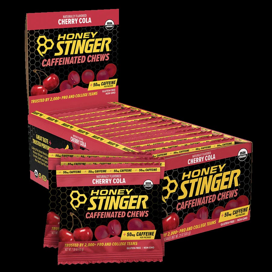 Cherry Cola Caffeinated Energy Chews Box of 12 by Honey Stinger — recommended by Donnie Orr